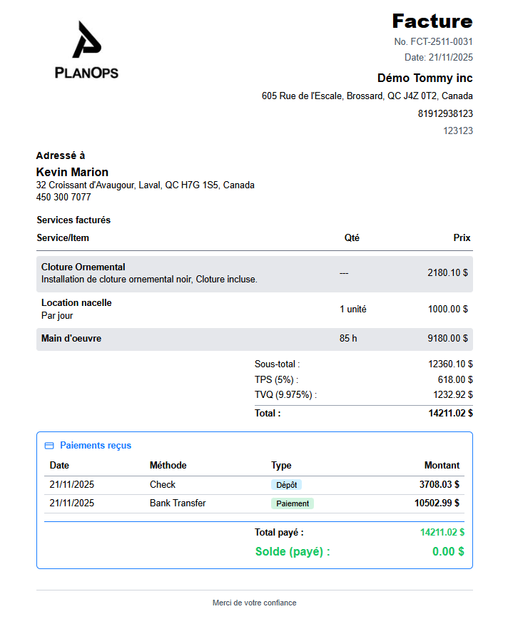 Capture d'écran de la facturation